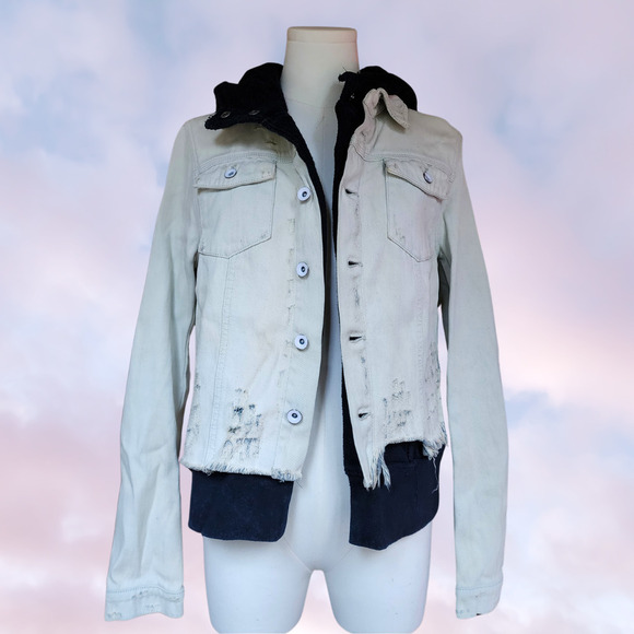 Free People White Black Layered Hoodie Acid Wash Denim Button Up Distressed Sz S - Picture 2 of 8